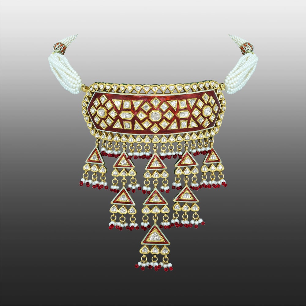 Polki Choker with Red Enamel, Triangular Motifs, and Pearl Drops